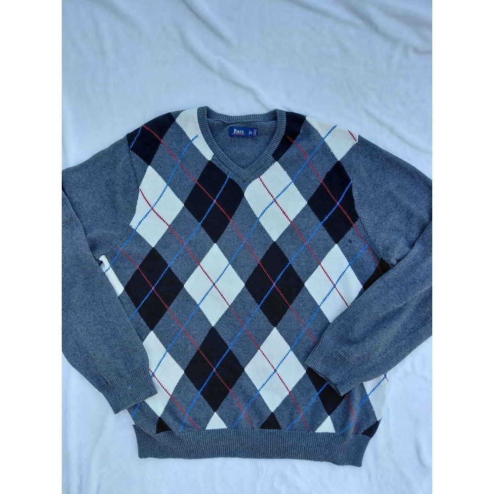 GH Bass Mens XL Argyle V-Neck Sweater Grey Cotton Lambswool Knit Pullover
